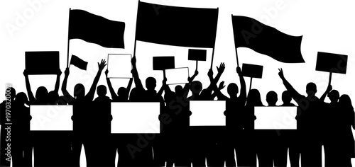 Crowd of people different ages poses holding placards banners sign and flags in solidarity demonstration silhouettes vector illustration isolated on white background