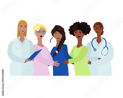 Vector illustration of a diverse group of women standing together with female doctors, medical support, community healthcare, and professional guidance for womens wellness and patient care