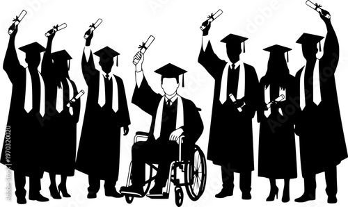Portrait of disability young man in wheelchair with college friends graduate in cap and gown raising hands holding diplomas standing together black silhouettes isolated on white background