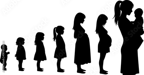 The life cycle of a woman from baby to mother silhouette set collection vector illustration infographic.
