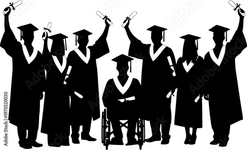 Portrait of disability young man in wheelchair with college friends graduate in cap and gown raising hands holding diplomas standing together black silhouettes isolated on white background