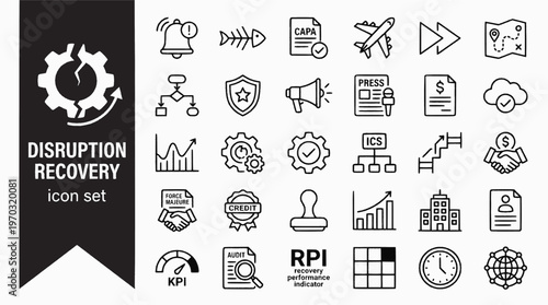 Supply Chain Disruption Recovery Bold Line Icons-Root Cause CAPA Expedite Re-Route Force Majeure ICS Emergency Sourcing Recovery KPI-25 Disruption Recovery Icon Set Vector