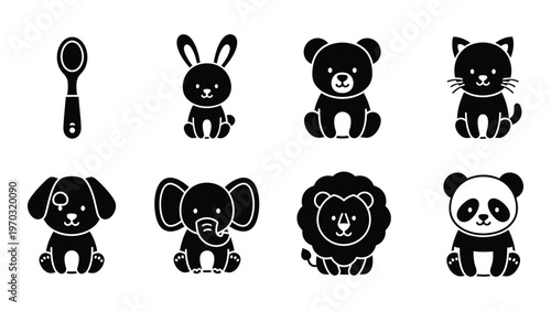 A collection of monochrome icons depicts a spoon various baby animals and a small lion all in a simplistic style