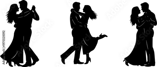 Silhouettes of romantic couple isolated on white background collection set. Happy couple dancing together vector silhouette set.

