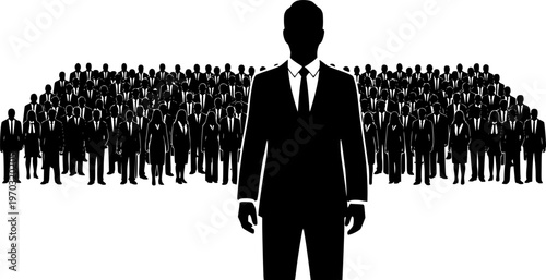 Businessman standing in front of large group of business people silhouette.
