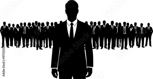 Businessman standing in front of large group of business people silhouette.
