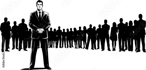 Businessman standing in front of large group of business people silhouette.
