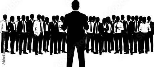 Businessman standing in front of large group of business people silhouette.

