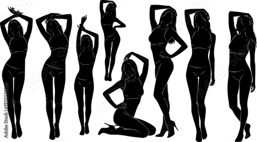 Set of sexy and sensual women posing silhouette vector.
