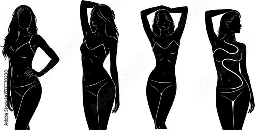 Set of sexy and sensual women posing silhouette vector.
