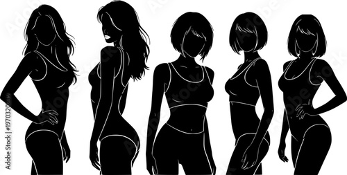 Set of sexy and sensual women posing silhouette vector.
