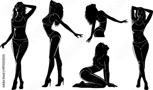 Set of sexy and sensual women posing silhouette vector.
