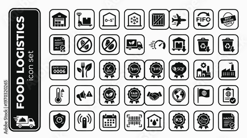 Food Beverage Logistics Bold Line Icons-HACCP FIFO BRC IFS SQF Farm-to-Fork Allergen Frozen Chilled Organic Fair Trade Recall-25 Food Logistics Icon Set Vector 