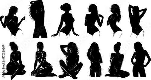 Set of sexy and sensual women posing silhouette vector.
