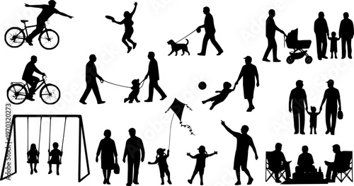 Group people adult seniors and kids outdoor activities vector silhouette set. Family recreation friends children having fun outdoor in park silhouettes