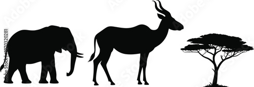 African wildlife silhouette illustration, elephant, antelope, and acacia tree figures, savanna theme, n