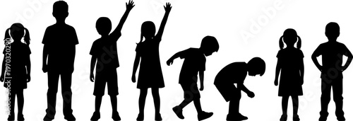 Group of children various poses standing in row vector silhouette set.
