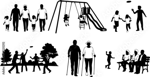 Group people adult seniors and kids outdoor activities vector silhouette set. Family recreation friends children having fun outdoor in park silhouettes