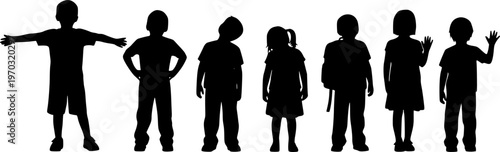 Group of children various poses standing in row vector silhouette set.
