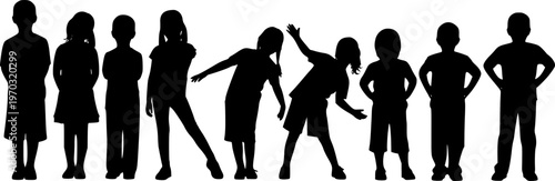 Group of children various poses standing in row vector silhouette set.
