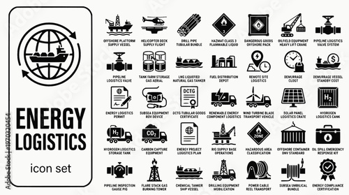 Energy Oil Gas Logistics Bold Line Icons-Offshore Vessel OCTG LNG ROV Pipeline Tank Farm Demurrage Hydrogen Wind Turbine Solar-25 Energy Logistics Icon Set Vector