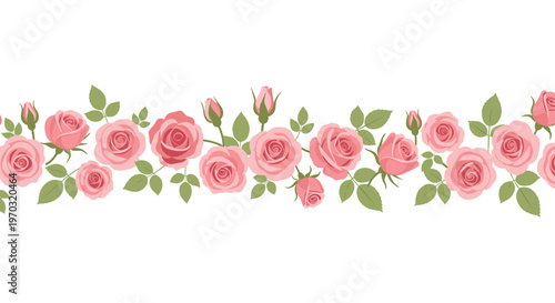 A seamless horizontal floral border displays pink roses with green leaves and buds on a white background.