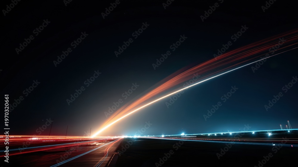 Fototapeta premium 夜空を貫く光の軌跡。長時間露光によるロケット打ち上げの抽象的な光跡。夜の地平線
