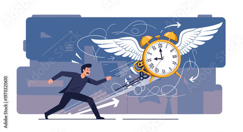 A businessman in a suit runs from a large winged alarm clock with swirling clock hands and arrows on a blue background with cityscape elements.