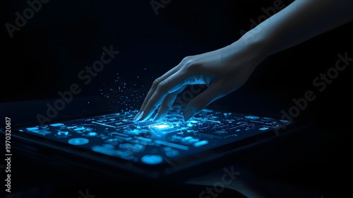 Digital Interface: A hand delicately interacts with a glowing digital interface, suggesting innovation and technological advancement, in a sleek, minimalist environment.