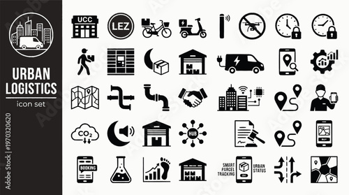 Urban Logistics City Distribution Bold Line Icons-UCC LEZ Cargo Bike Dark Store Micro-Hub Crowd-Source Underground Pipeline Congestion-25 Urban Logistics Icon Set Vector