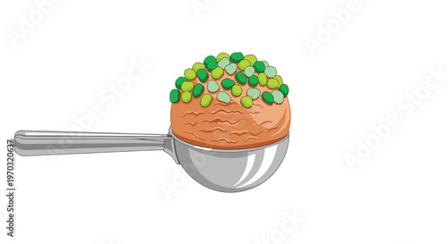 A single scoop of orange ice cream with green and light green round sprinkles rests in a silver metal scoop against a plain white background.