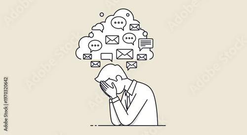 Line drawing of a stressed businessman with thought bubble full of communication icons on a pale background.