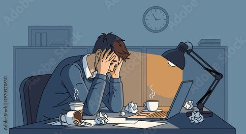 Illustration of a stressed businessman sitting at a desk with crumpled papers, coffee cups, and a laptop in a late-night office setting with a frustrated mood.