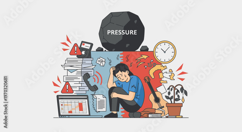 Illustration of a stressed man sitting surrounded by chaotic office supplies and technology with a worried expression.