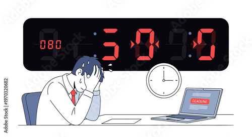 Illustration of a tired businessman sitting at a desk with a laptop and clock in a stressful office setting with a countdown timer.