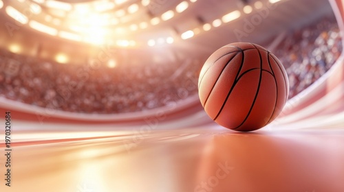 アリーナの照明に照らされたバスケットボールのクローズアップ。質感の強調とぼけた背景の競技場。スポーツの概念