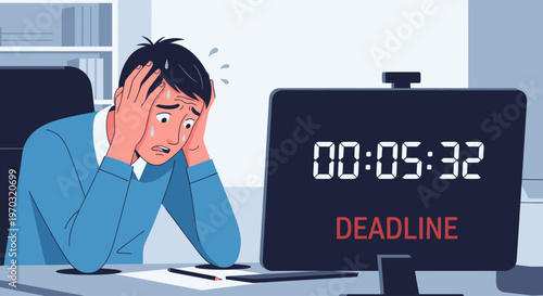 Stressed businessman sitting at a desk with his hands on his face looking at a computer monitor displaying a countdown timer labeled Deadline in a modern office setting with a tense mood.