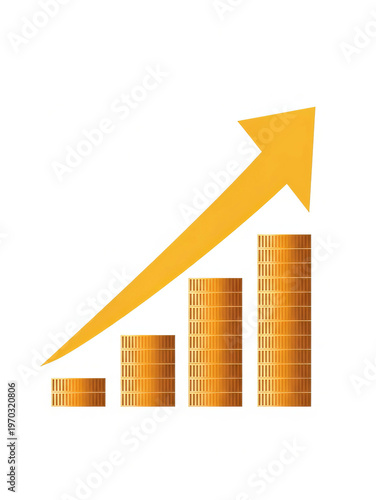 Golden coins stacked in ascending order with upward arrow on white background