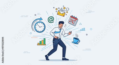 A cartoon businessman runs with various office and time management icons floating around him on a light background.
