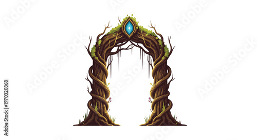 A majestic arching gateway made of twisted tree roots and branches with a glowing blue gem stands against a clean white background.