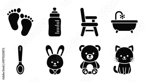 A collection of simple black icons representing baby essentials including footprints bottles toys and bath items high quality professional detailed modern