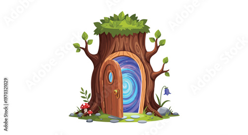 A whimsical tree stump with an open wooden door revealing a swirling blue portal stands on a grassy patch with stepping stones.