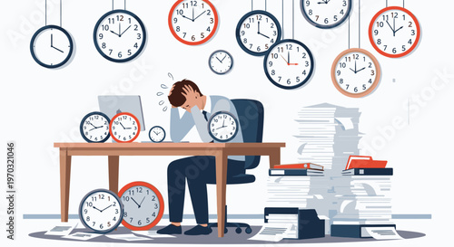 Illustration of a stressed businesswoman sitting at a desk surrounded by multiple clocks and piles of paperwork in a chaotic office setting.
