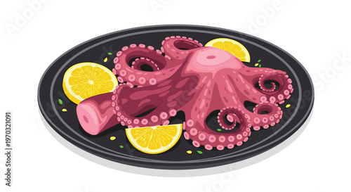 A large cooked purple octopus with prominent suction cups is arranged on a dark black plate with bright yellow lemon wedges and green herbs.