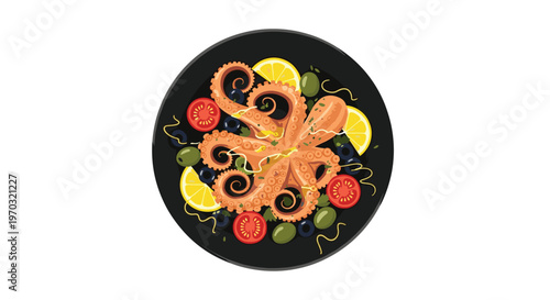 A cooked light orange octopus with spiraling tentacles is centrally placed on a dark black plate surrounded by sliced red tomatoes, green olives, and lemon wedges.