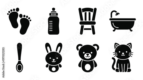 A collection of black silhouette icons depicts baby items including footprints bottles toys and bath essentials high quality professional detailed modern