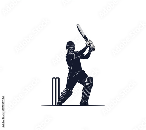 Cricket player in action swinging bat with wicket standing  sports illustration