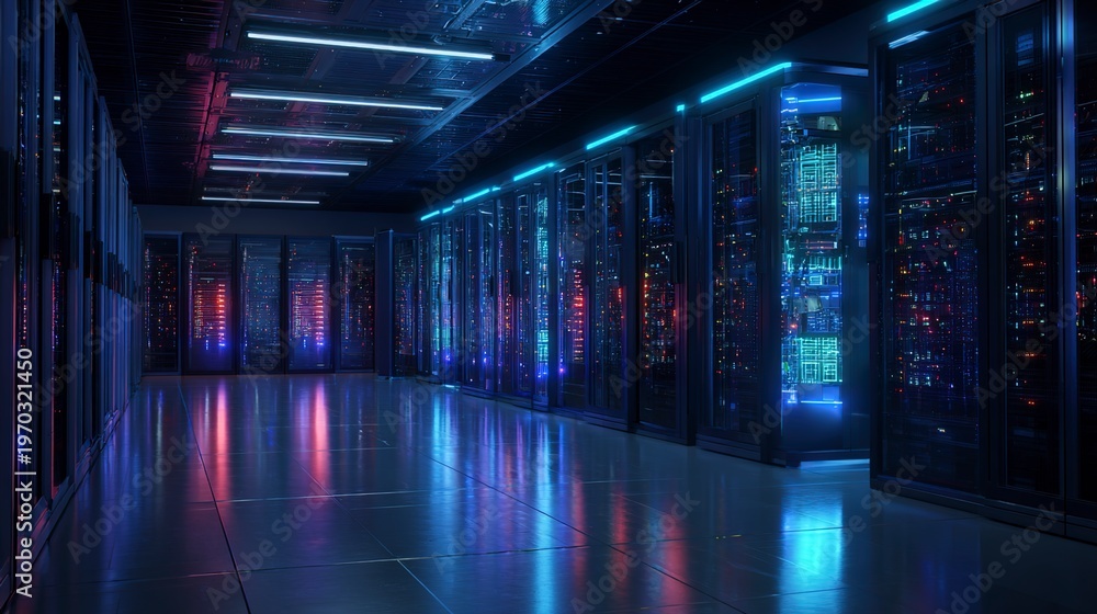 Fototapeta premium Data Fortress: A futuristic server room with rows of high-tech server cabinets bathed in the cool glow of blue and red neon lights, showcasing advanced data storage technology.
