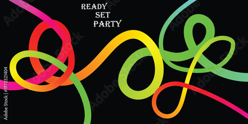 Vibrant abstract ribbons of color flowing dynamically across a dark canvas, evoking a sense of celebration and festive energy for any event