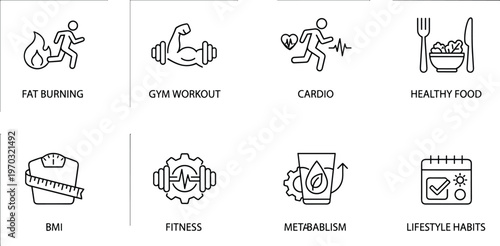 Fitness icon set featuring fat burning gym workout cardio healthy food bmi metabolism and lifestyle habits symbols for wellness branding,